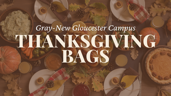 Thanksgiving Bags at Gray-New Gloucester Campus, with a Thanksgiving table, pumpkins, and autumn leaves